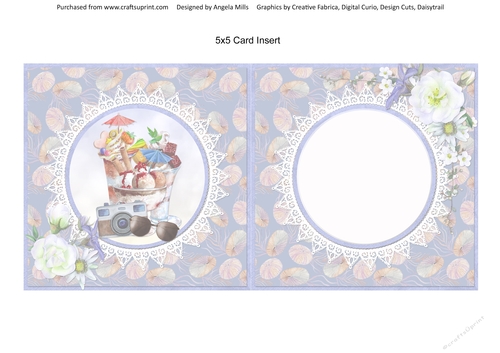 Summer Dreams 9: Ice Cream Sundaes/Camera/Sunglasses  5 x 5 Card Insert with Lilac Seashell Background, Blank