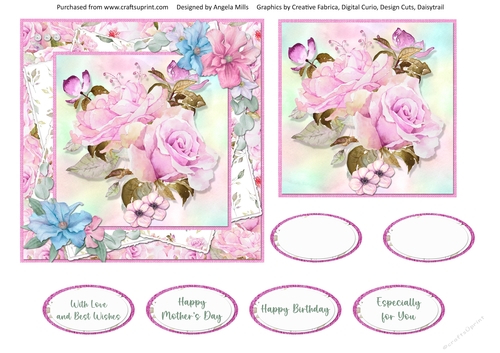 Pretty Pink 8: Rose Bouquet/Clematis 6 x 6 Card Front with Topper and Sentiments