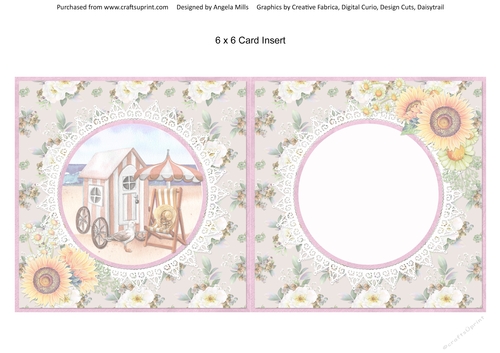 Summer Dreams 14: Beach Hut & Parasol 6 x 6 Card Insert with White/Cream Floral Background