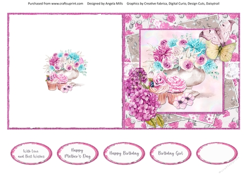 Pretty Pink 12: Rose Bowl & Cupcakes 5 x 5 Quick Cut & Fold Card with Sentiments