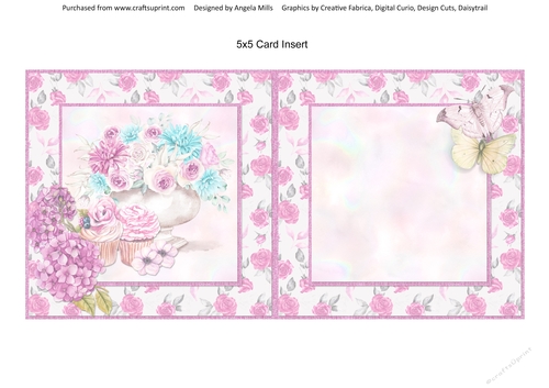Pretty Pink 12: Rose Bowl & Cupcakes 5 x 5 Card Insert with Rose Floral Background 