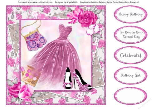 Pretty Pink 16: Party Dress & Shoes 8 x 8 Quick Card Front with Sentiments