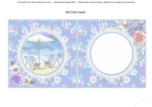 Summer Dreams 6: Deckchairs & Parasol 5 x 5 Card Insert with Blue/Pink Floral Backgrounf, Blank