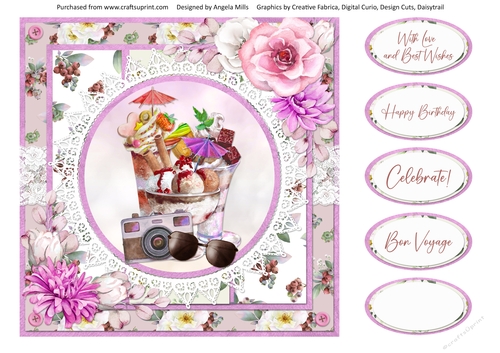 Summer Dreams 10: Ice Cream Sundaes 8 x 8 Card Front with Sentiments, Lilac/Pink