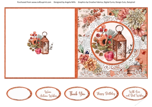 Hello Autumn 9: Lantern & Autumn Bouquet 5 x 5 Cut & Fold Card with Sentiments