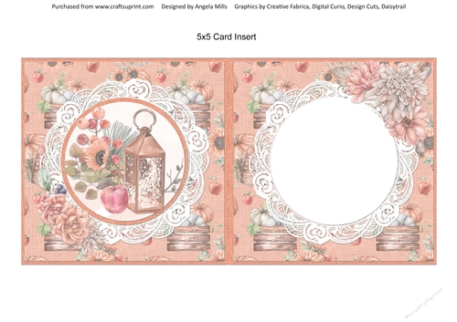 Hello Autumn 9: Lantern & Autumn Bouquet 5 x 5 Card Insert with Coral/Peach Autumn Harvest Background, Blank