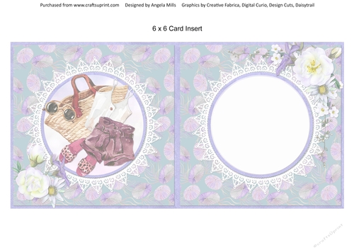 Summer Dreams 11: Beach Fashion 6 x 6 Card Insert with Teal and Lilac Seashells Background, Blank
