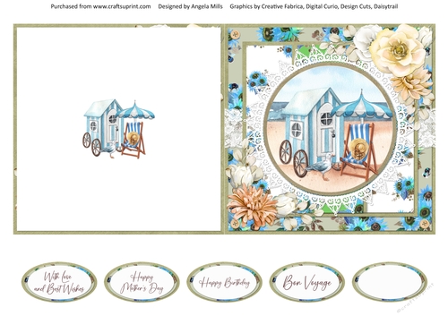 Summer Dreams 15: Beach Hut & Deckchair 5 x 5 Quick Cut & Fold Card with Sentiments