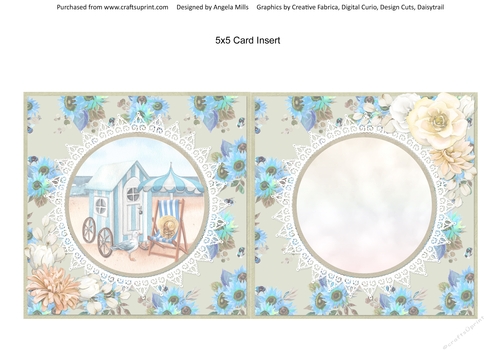 Summer Dreams 15: Beach Hut & Deckchair 5 x 5 Insert with Blue/Green Floral Background, Blank