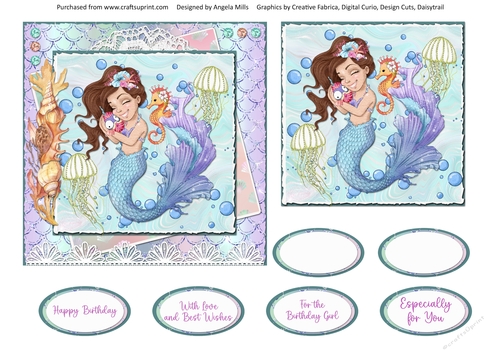 Pretty Mermaids 5: 6 x 6 Card Front with Topper and Sentiments
