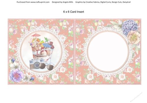 Summer Dreams 8: Ice Cream Sundaes/Sunglasses 6 x 6 Card Insert with Coral Floral Background, Blank