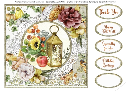 Hello Autumn 10: Lantern & Autumn Bouquet 8 x 8 Quick Card Front with Sentiments