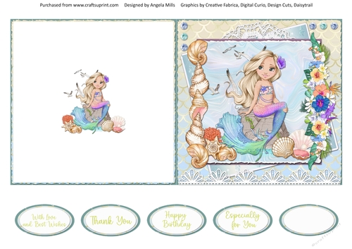 Pretty Mermaids 9: 5 x 5 Quick Cut & Fold Card with Sentiments
