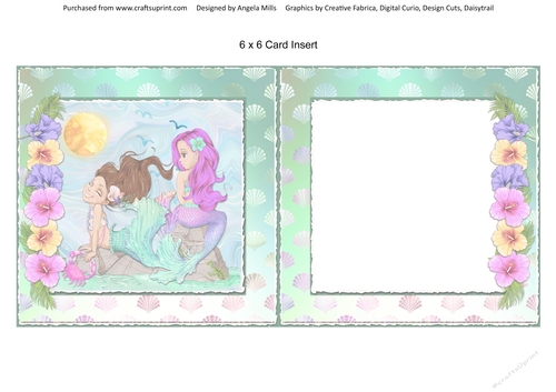 Pretty Mermaids 14 6 x 6 Card Ibsert wiith Green & Pink Seashells Background