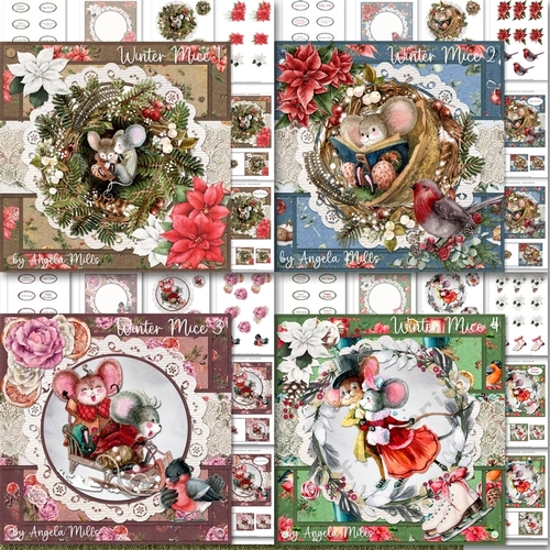 Winter Mice 1 to 4 Bumper Kit: 4 7x7 Card Mini-Kits, 24 Sheets