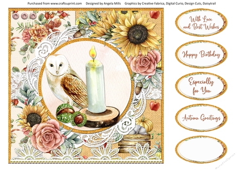 Hello Autumn 7 Owl & Candle 8 x 8 Quick Card Front with Sentiments