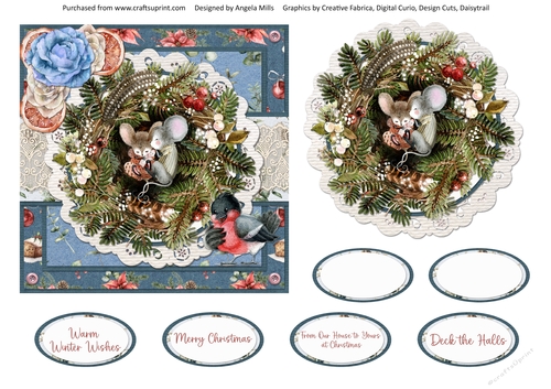 Winter Mice 5: Sleeping Mice/Wreath 6 x 6 Card Front with topper and Sentiments