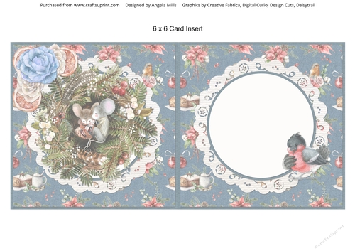 Winter Mice 5: Sleeping Mice/Wreath 6 x 6 Card Insert with Blue/Red Floral Robins Background