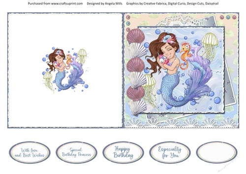 Pretty Mermaids 6: 5 x 5 Quick Cut & Fold Card with Sentiments