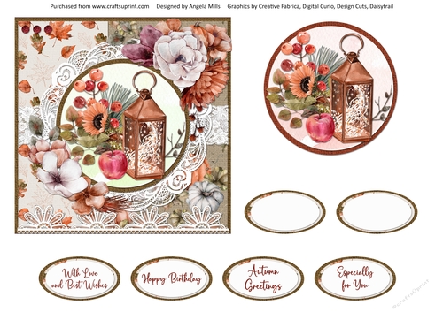 Hello Autumn 8: Lantern & Bouquet 6 x 6 Card Front with Topper and Sentiments