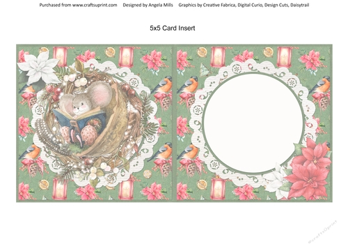 Winter Mice 9: Reading Mouse 5 x 5 Card Insert Green/Red Bullfinch/Lantern Background, Blank