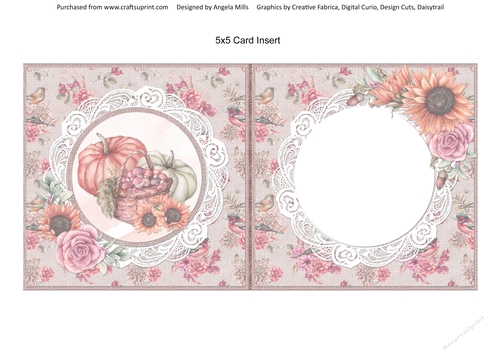 Hello Autumn 12: Autumn Harvest/Lace 5 x 5 Card Insert with Pink/Taupe Floral Background, Blank