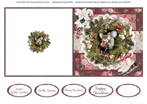Winter Mice 6: Sleeping Mice/Wreath 5 x 5 Quick Cut & Fold Card with Sentiments