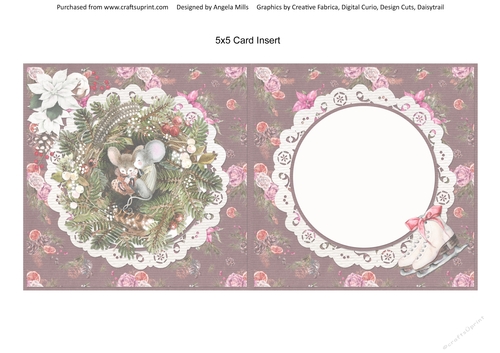 Winter Mice 6: Sleeping Mice/Wreath 5 x 5 Card Insert with Burgundy/Pink Floral Background, Blank