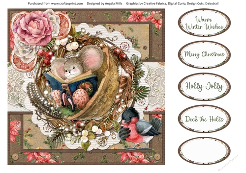 Winter Mice 10: Book Mouse 8 x 8 Quick Card Front with Sentiments
