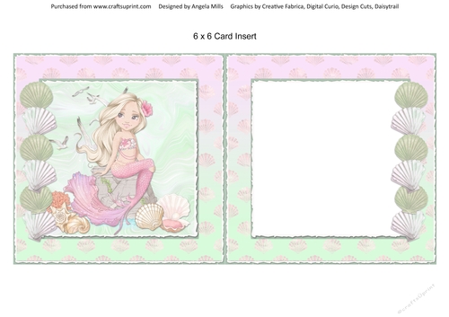 Pretty Mermaids 8 6 x 6 Card Insert with Pink/Green Seashells Background, Blank
