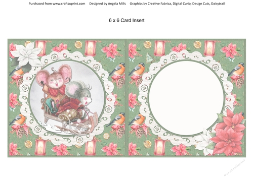 Winter Mice 11: Sledging Mice 6 x 6 Card Insert with Bullfinch and Lantern Background, Blank