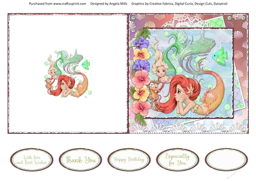 Pretty Mermaids 12 5 x 5 Quick Cut & Fold Card With Sentiment Toppers