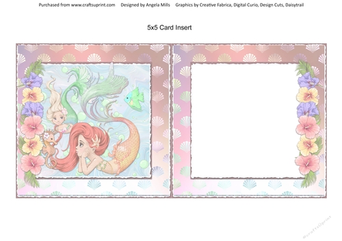 Pretty Mermaids 12 5 x 5  Card Insert with Peach/Lilac/Green Seashells Background, Blank
