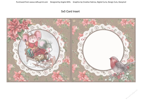 Winter Mice 12: Dashing Through the Snow 5 x 5 Card Insert with Floral/Lace Kraft Background, Blank