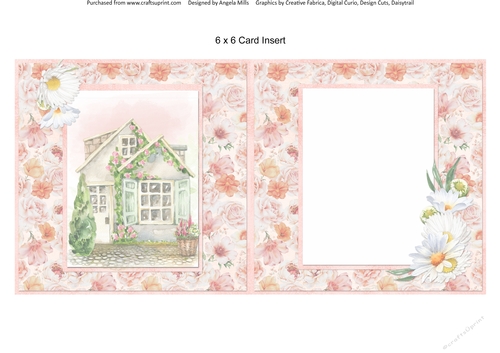 Sunny Summertime 11: Summer Cottage 6 x 6 Card Insert with Peach/Pink Floral Background, Blank