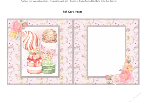 Sunny Summertime 15: Ice Cream & Cakes 5 x 5 Card Insert with Pink Floral Background, Blank