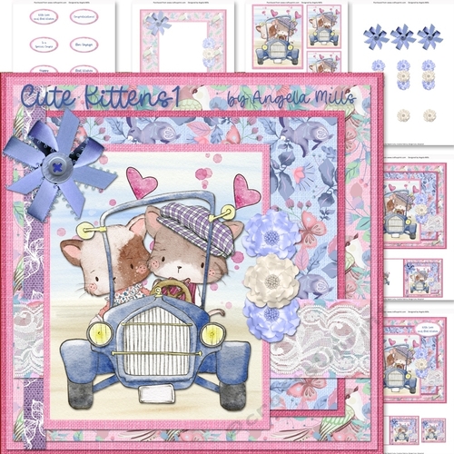 Cute Kittens 1: Couple in Car 7 x 7 Card Mini Kit, 6 Sheets