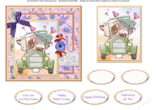 Cute Kittens 5: Couple in Car 6 x 6 Card Front with Topper and Sentiments