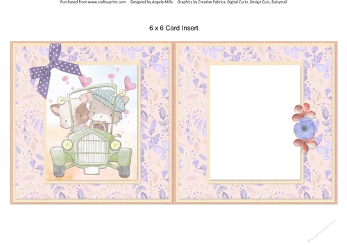 Cute Kittens 5: Couple in Car 6 x 6 Card Insert with Peach Lilac Floral Background, Blank