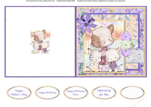 Cute Kittens 9: Mum & Kittens 5 x 5 Quick Cut & Fold Card with Sentiments