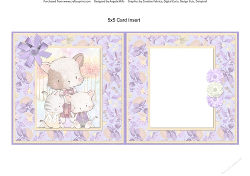 Cute Kittens 9: Mum & Kittens 5 x 5 Card Insert with Peach/Lilac Floral Background, Blank