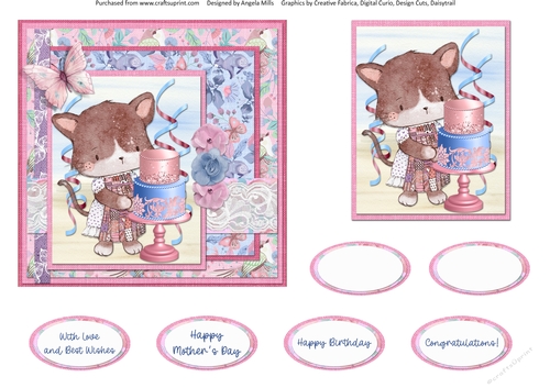 Cute Kittens 14: Celebration Cake 6 x 6 Card Front with Topper and Sentiments