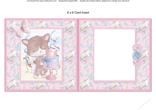 Cute Kittens 14: Celebration Cake 6 x 6 Card Insert with Pink/Green Folk Birds/Floral Background, Blank