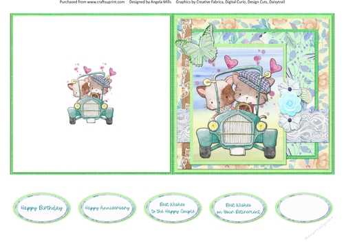 Cute Kittens 6: Couple in Car 5 x 5 Quick Cut & Fold Card with Sentiments