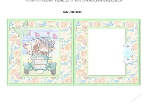 Cute Kittens 6: Couple in Car 5 x 5 Card Insert with Yellow/Blue Floral Background, Blank