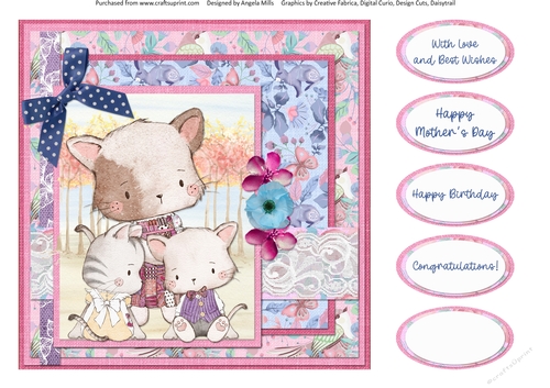 Cute Kittens 10: Mum & Kittens 8 x 8 Quick Card Front with Sentiments