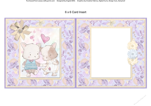 Cute Kittens 11: Cute Couple 6 x 6 Card Insert with Lilac/Cream Floral Background, Blank