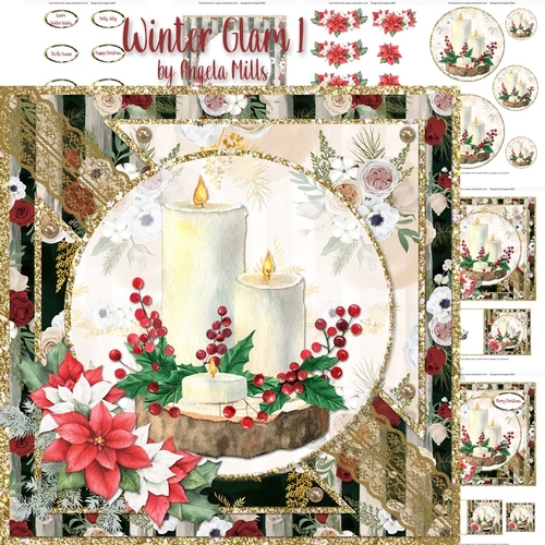 Winter Glam 1: Candles, Holly & Poinsettias 7 x 7 Card Mini-Kit, 6 Sheets