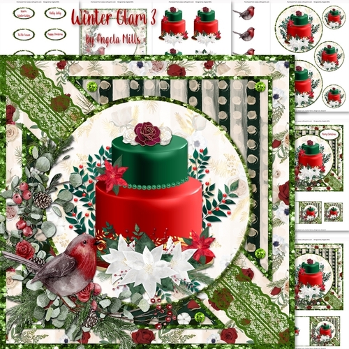 Winter Glam 3: Red & Green Christmas Cake with Robin & Poinsettias 7 x 7 Card Mini-Kit, 7 Sheets