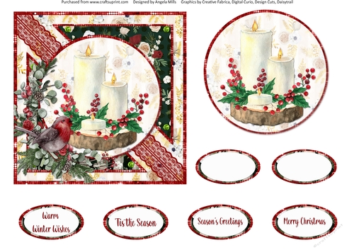 Winter Glam 5: Candles/Robin 6 x 6 Card Front with Topper and Sentiments